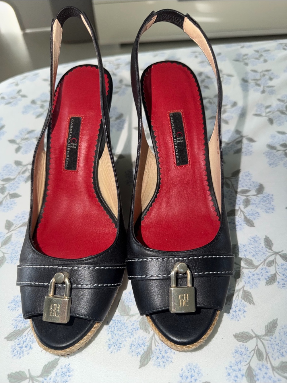 Carolina Herrera Black Leather Peep-Toe Slingback Wedges with Red Insole